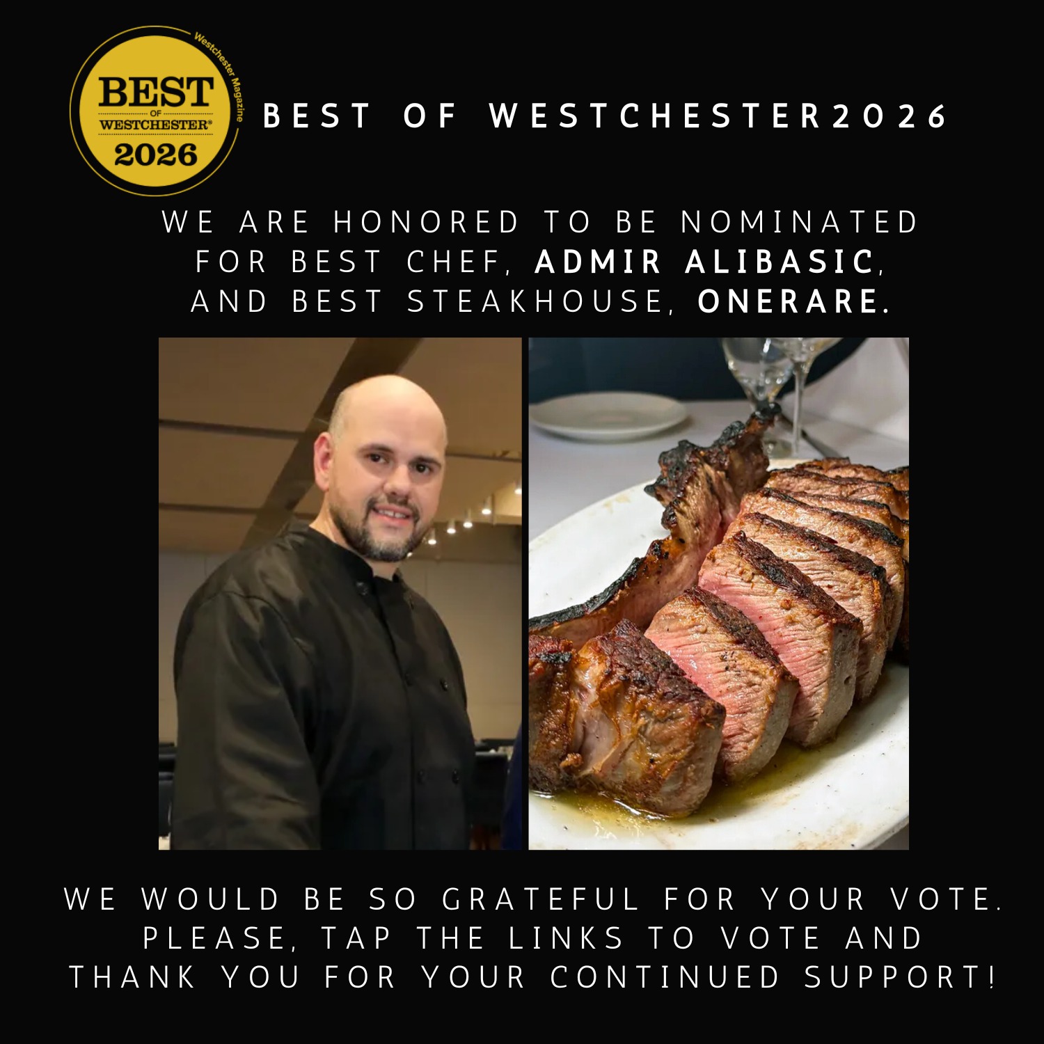 Best of Westchester 2026 award badge with chef Admir Alibasic on the left and a sliced steak on the right, announcing nominations for best chef and best steakhouse at OneRare.